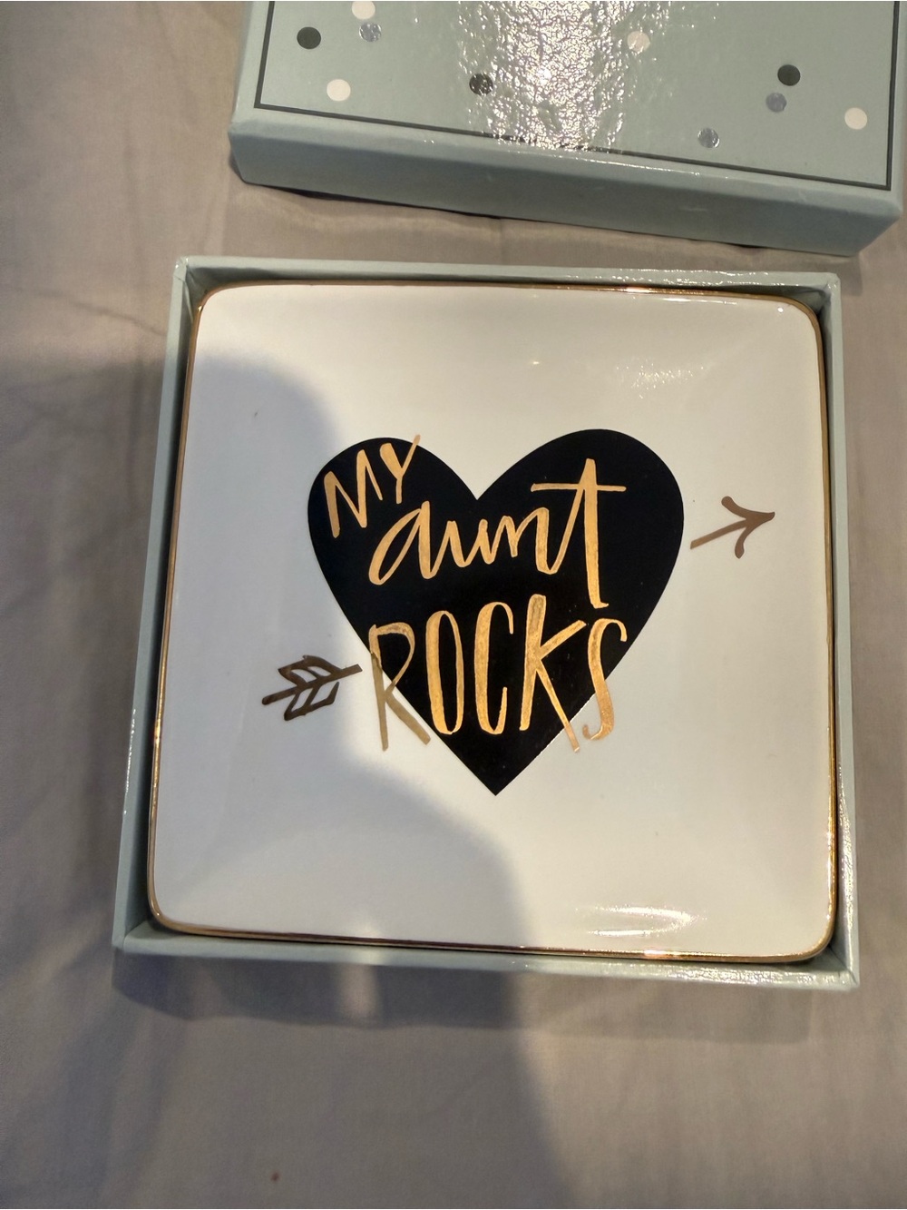 White Trinket Dish with Black Heart and Gold Script
